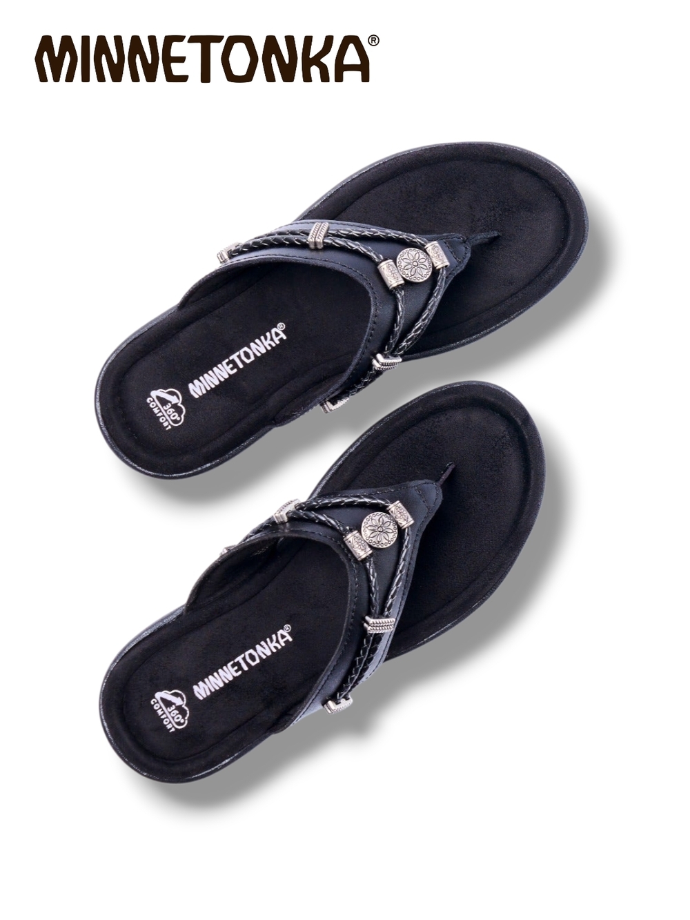 Minnetonka Women’s Silverthorne 360 Black Braided Thong Western Sandals Size 10 - Picture 1 of 7